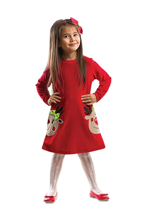 لباس کریسمس قرمز مخملی دخترانه با طرح گوزن دوقلو